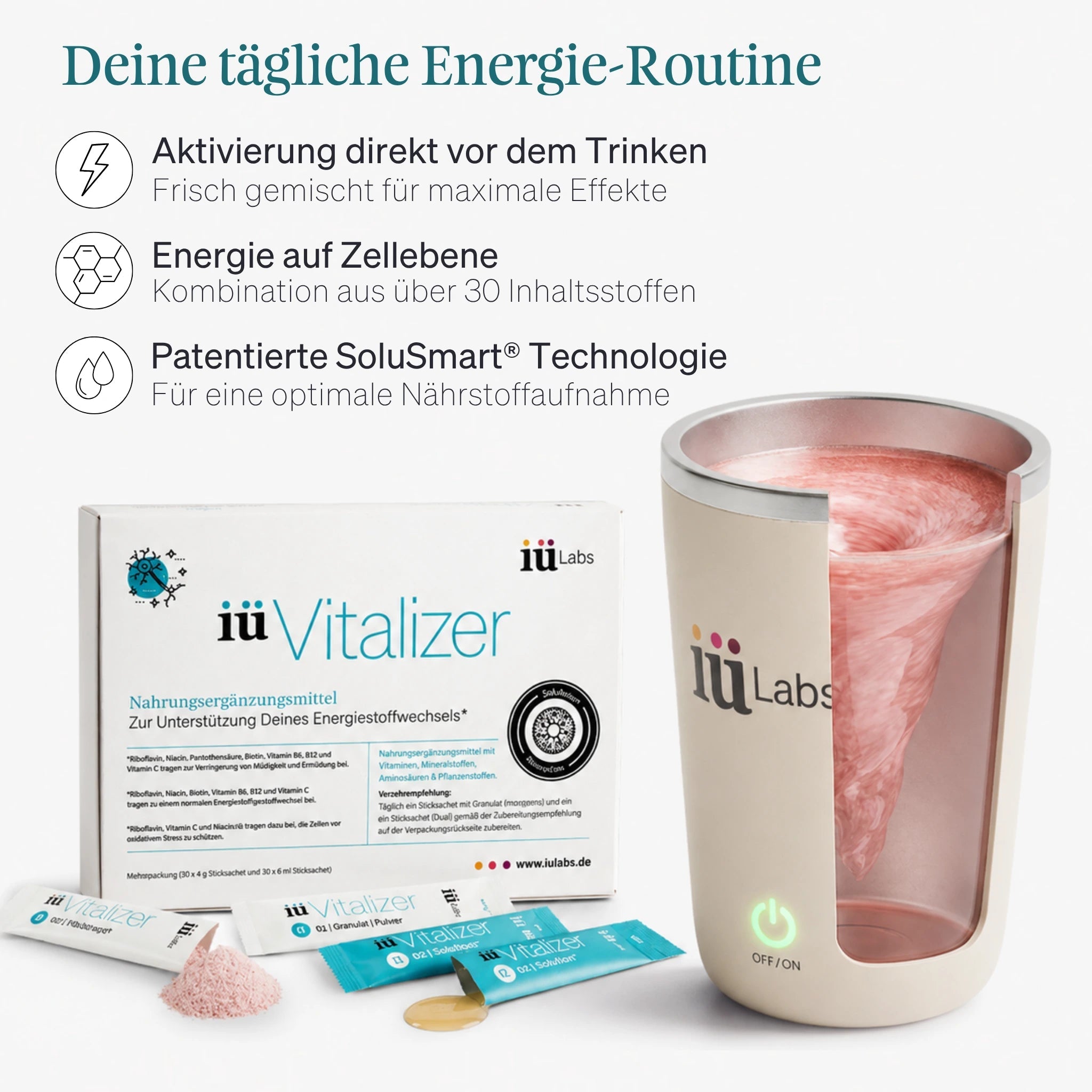 iüLabs Energie- & Fokus-Supplement Monatsversorgung · 30 Portionen iüVitalizer – Energie, Fokus & mentale Leistungsfähigkeit