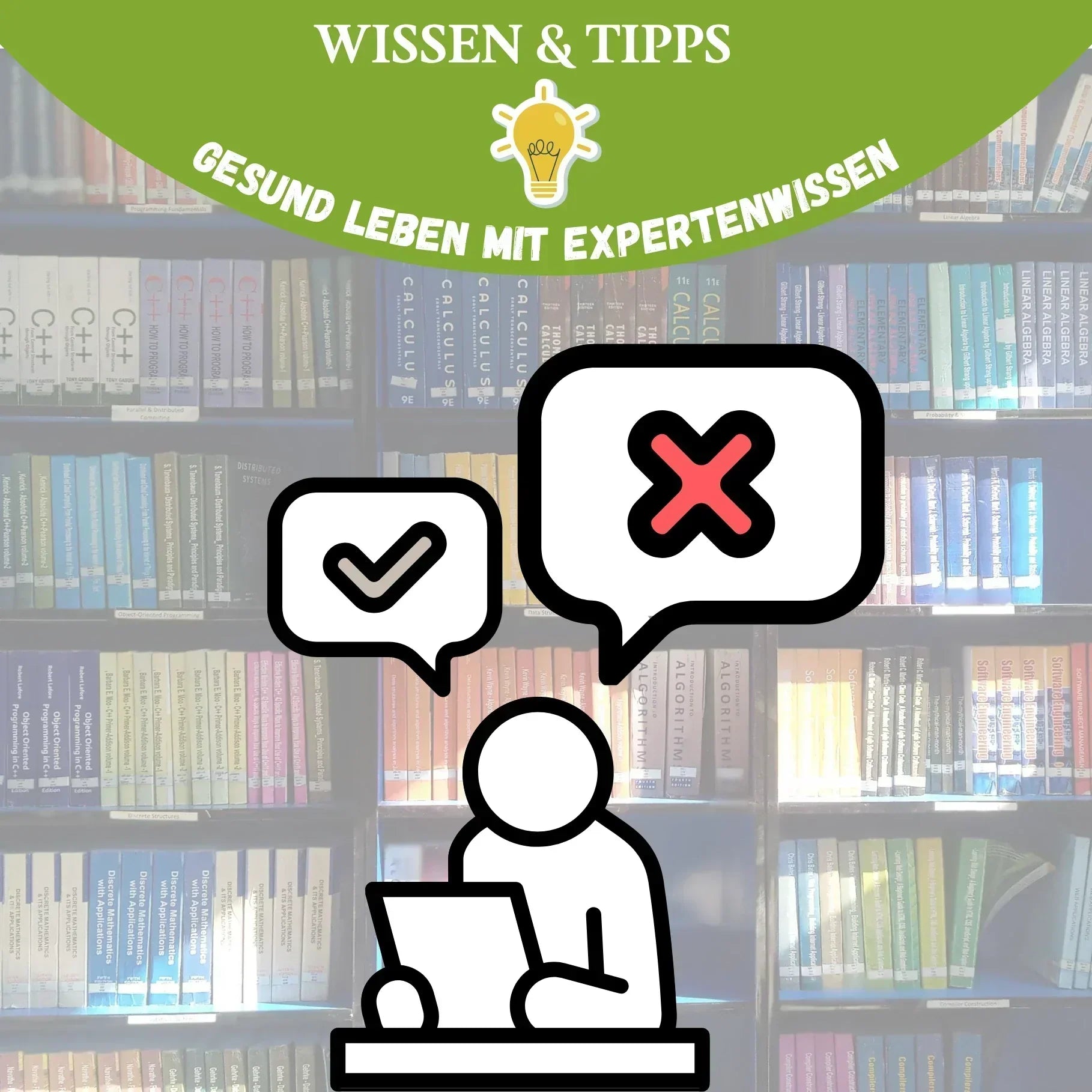 Gesundheitsmythen erkennen: Illustration einer Person mit positiven und negativen Symbolen vor einer Bibliothek mit Expertenwissen und wissenschaftlichen Gesundheitsinformationen.