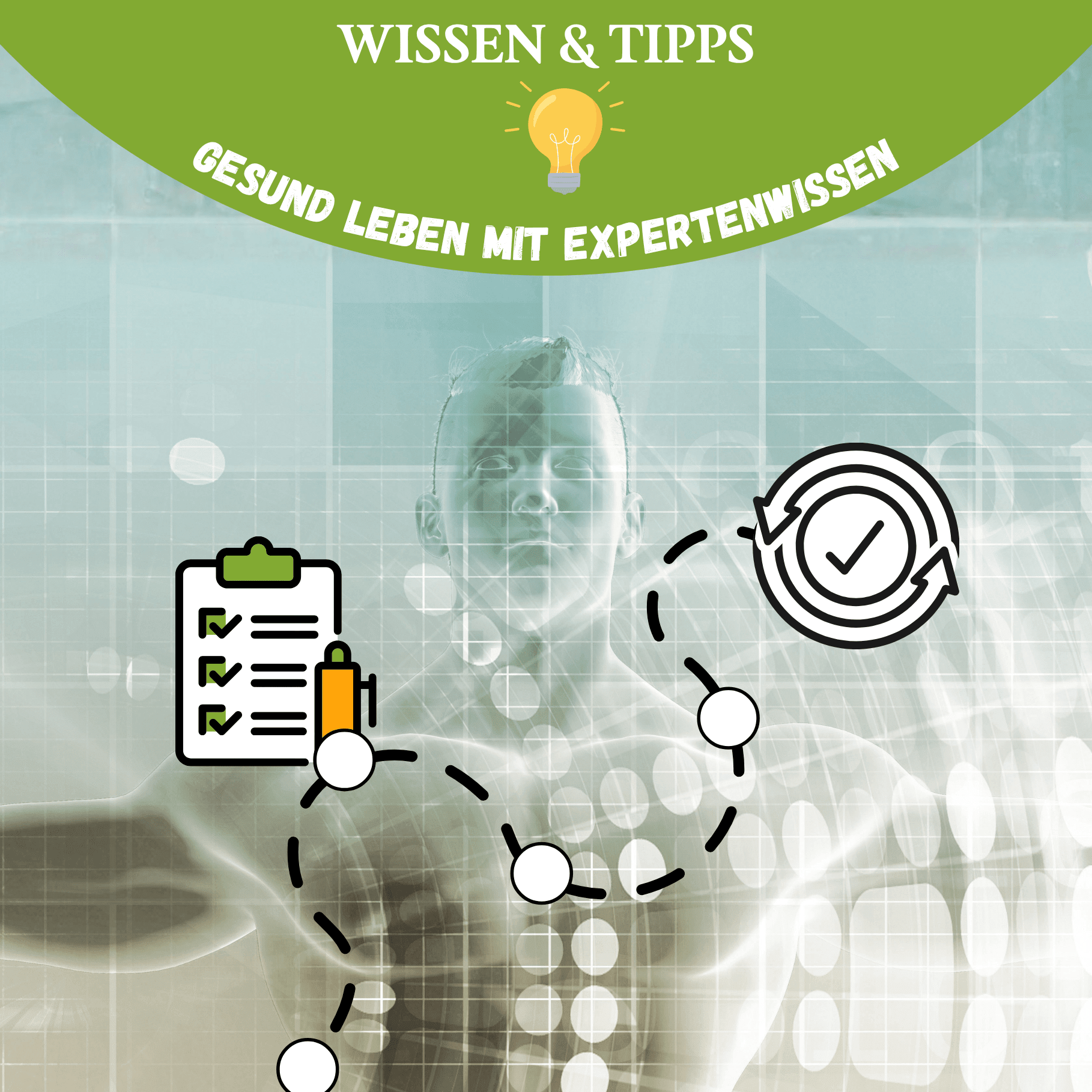 Visualisierung von Gesundheit mit menschlichem Körper, Checkliste und Kreislauf-Symbol – steht für strukturierte Routinen, Konsistenz und gesundes Leben mit Expertenwissen